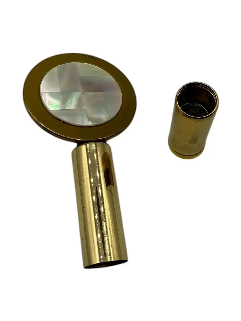 Vintage 1950s Mini Lipstick Holder with Mirror, Mother of Pearl Inlay